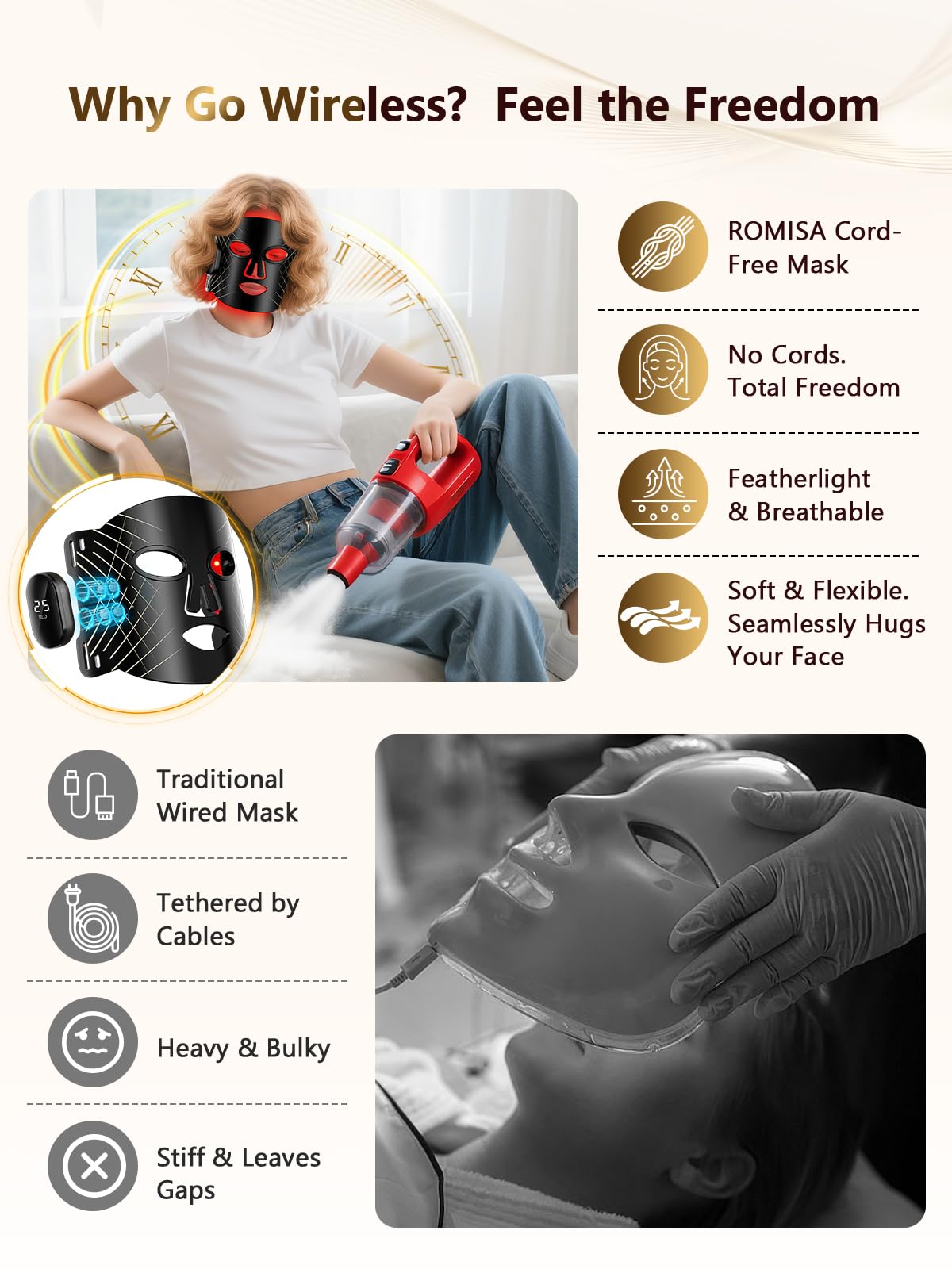 Red Light Therapy for Face, 4 Modes Cordless Face Mask Light Therapy, 2000mAh Rechargeable & 400 LEDs Infrared & Red Light Masks, Facial Fit, Led Light Therapy Skin Care at Home（Black）