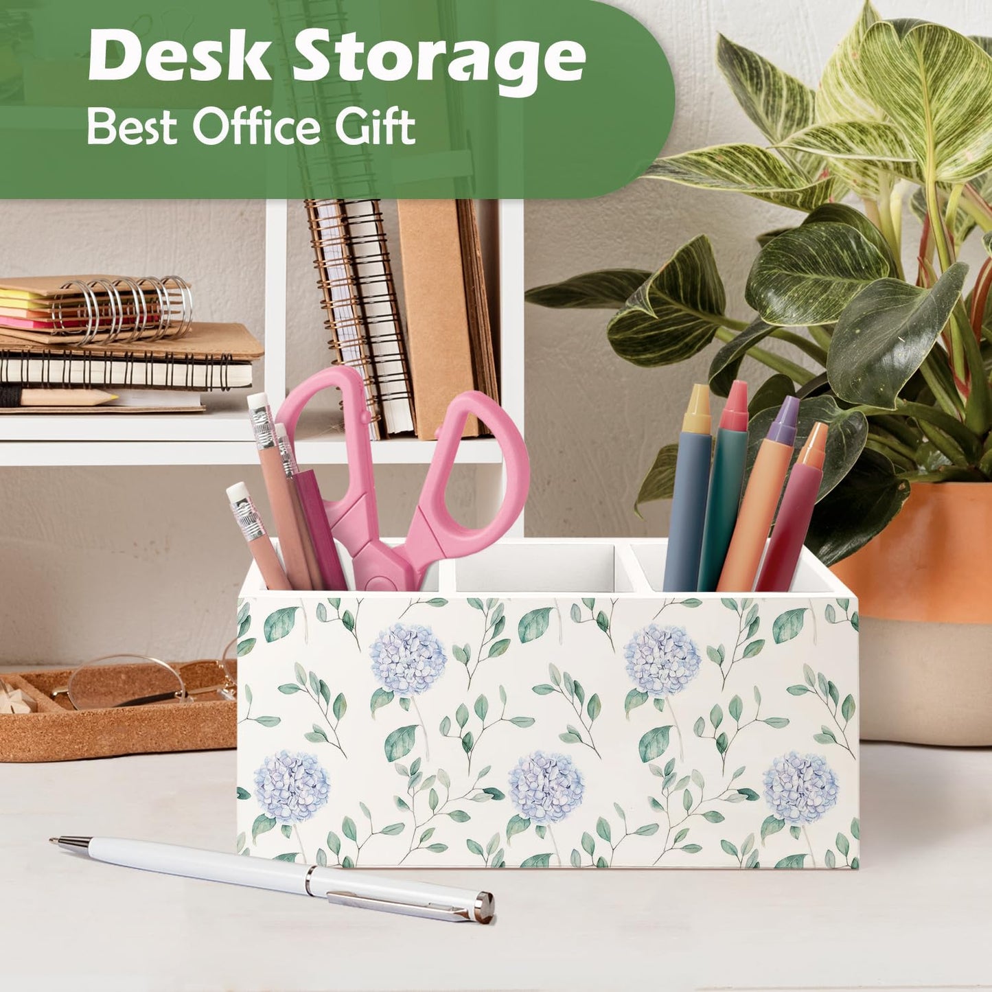 VIIJJUE Hydrangea Gifts Wooden Pen Pencil Holder, Hydrangea Gifts for Women, Blue Flowers Decor Wooden Makeup Brush Toothbrush Holder Organizer for Home Office Desk Table Shelf