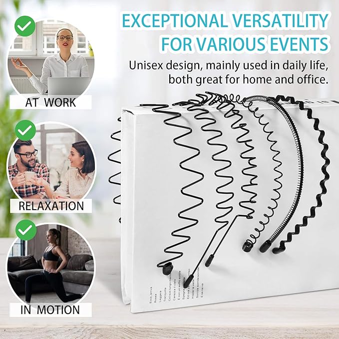Metal Headbands for Men, Wavy Headband Perfect for Daily Hair Management, Workout, Running & Face Washing (10 Pack)