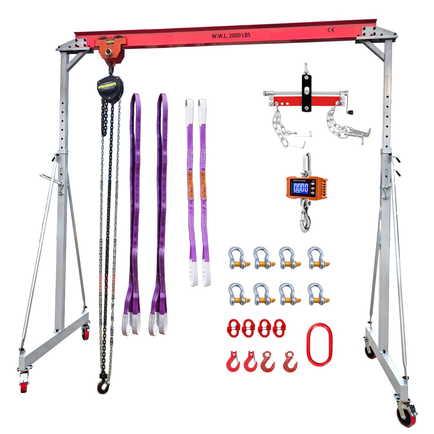 Extra-Large Size Gantry Crane 2000 LB, Width 10.5 FT, Height Adjustable 9.84 FT~ 10 FT~ 12 FT ~ 13.78 FT, Portable Crane 1T with Hoist, Crane Scale, Engine Lever, Trolley and Rigging Kit (2000 LBS)