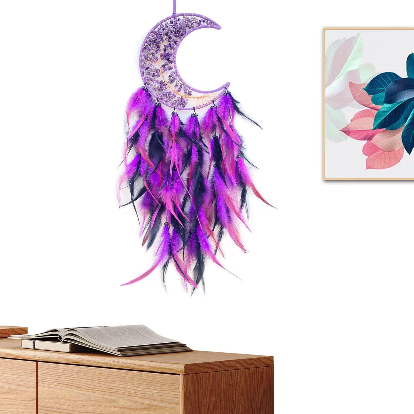 RAGKUU Purple and Black Moon Dream Catcher Wall Decor Crystal Tree of Life Dream Catchers Handmade Feather Dreamcatcher Wall Hanging Ornament for Bedroom Living Room Home Decor