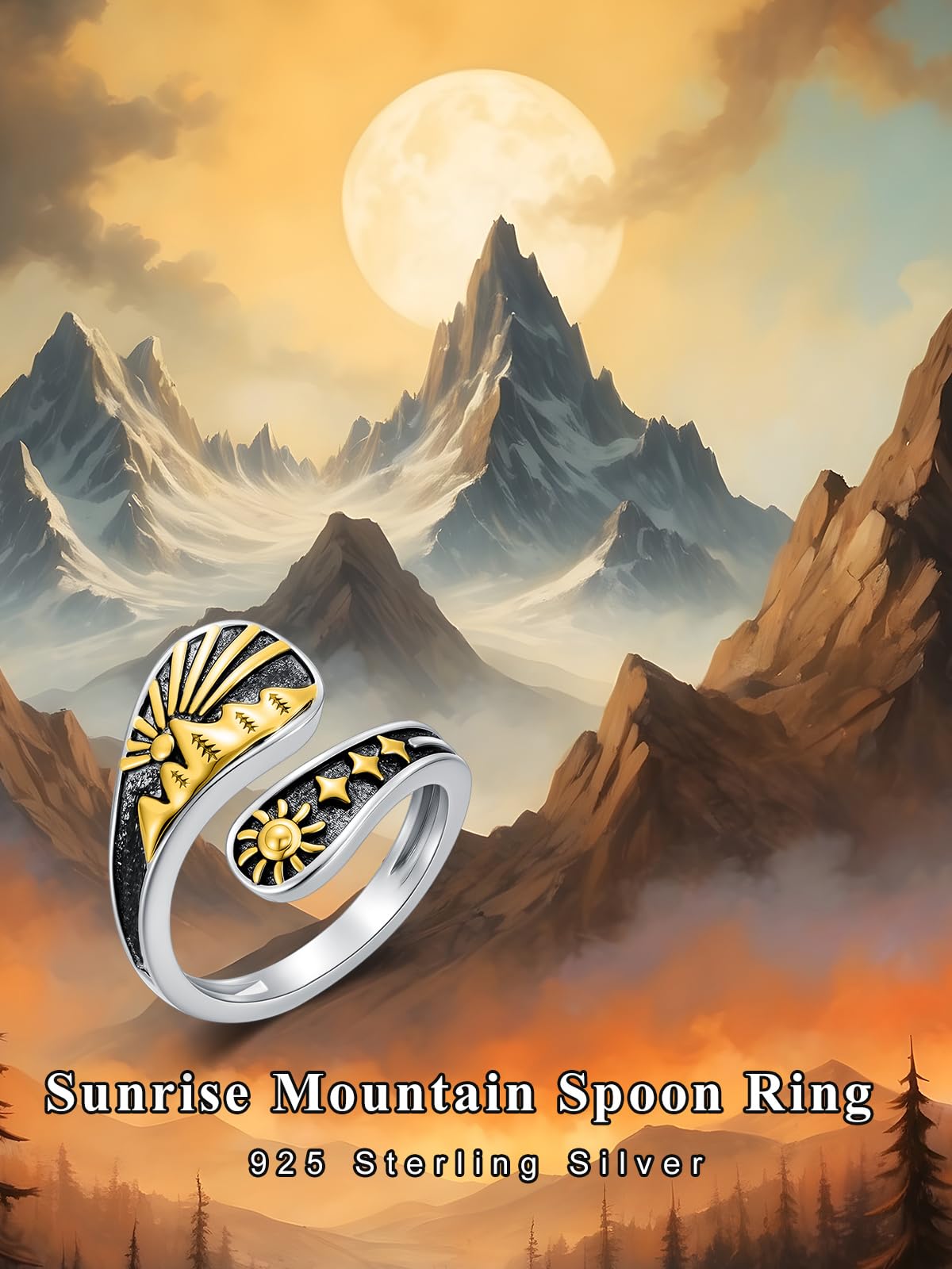 Midari Sun and Moon Star Spoon Rings 925 Sterling Silver Adjustable Sun and Moon Thumb Vintage Finger Open Mountain Spoon Ring Moon Phase Jewelry Halloween Christmas Birthday for Women Daughters Friends