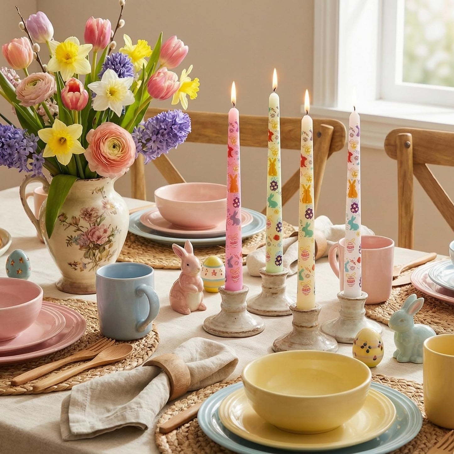 FYBW 4 Pack Easter Printed Taper Candles, 10" Long Decorative Candles with Spring Bunny & Egg Design Decorative Candles for Easter Table & Home Decor"