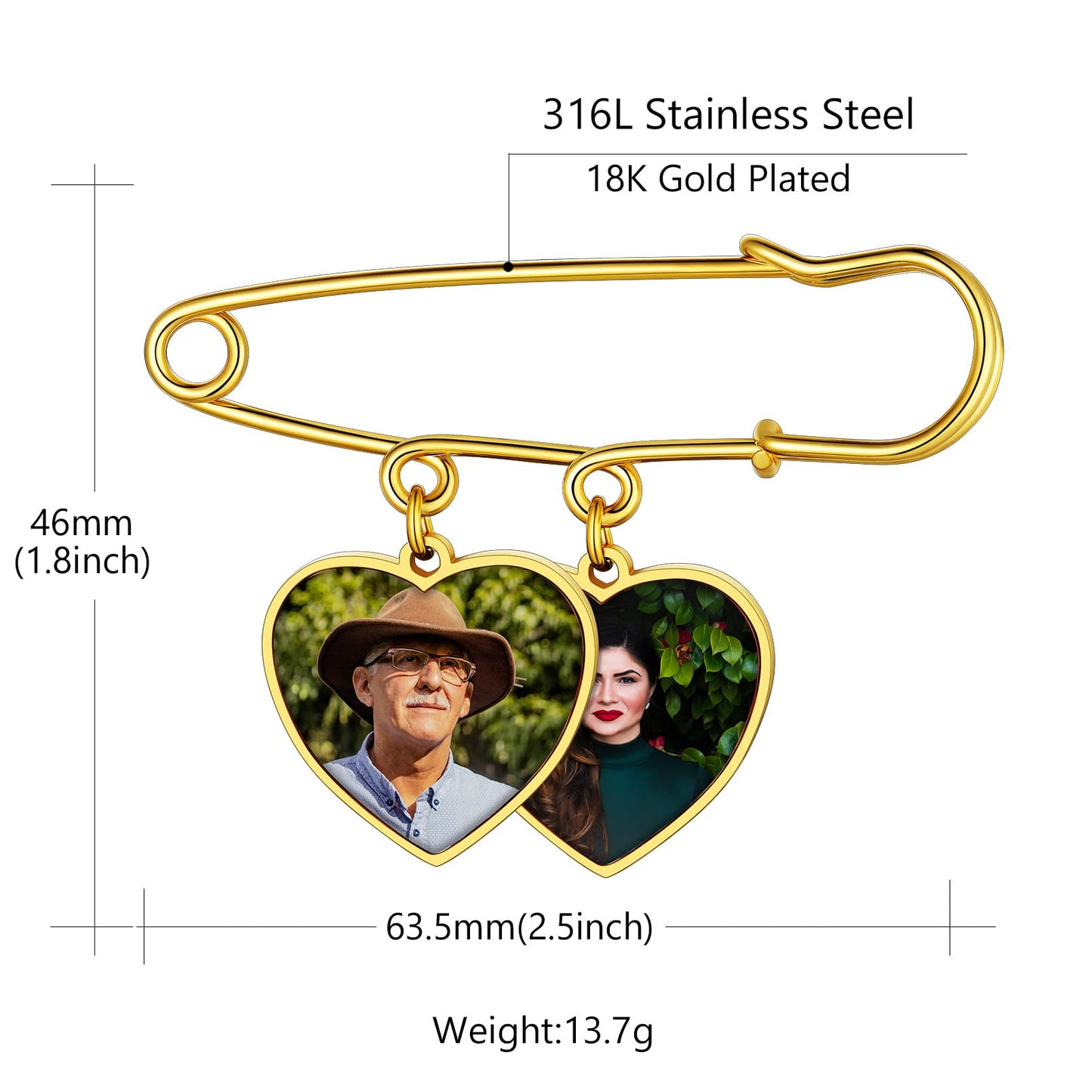 Custom4U Memorial Charm for Wedding Bouquet Heart Shaped Memory Charms Brooch Pins Funeral Boutonniere with 2 Pictures Engraved