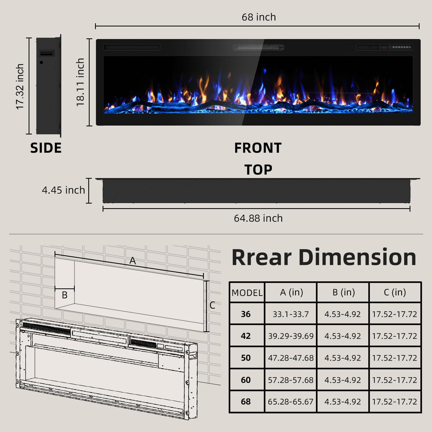 Ludatido 68 Inch Electric Fireplace Wall Mounted and Recessed with Remote Control, Color Adjustable/Realistic Flame W/Timer 1500/750W 400 sq.ft Heating Output Fireplace Heater with Log