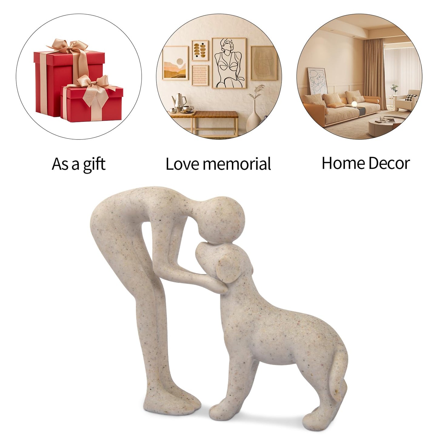 FriyGardcn Dog Sculpture Home Decor Cute Man and Dog Statue Decoration for Office、Living Room、Bedroom、Home， Memory Gifts for Pet Lovers (Sandstone)