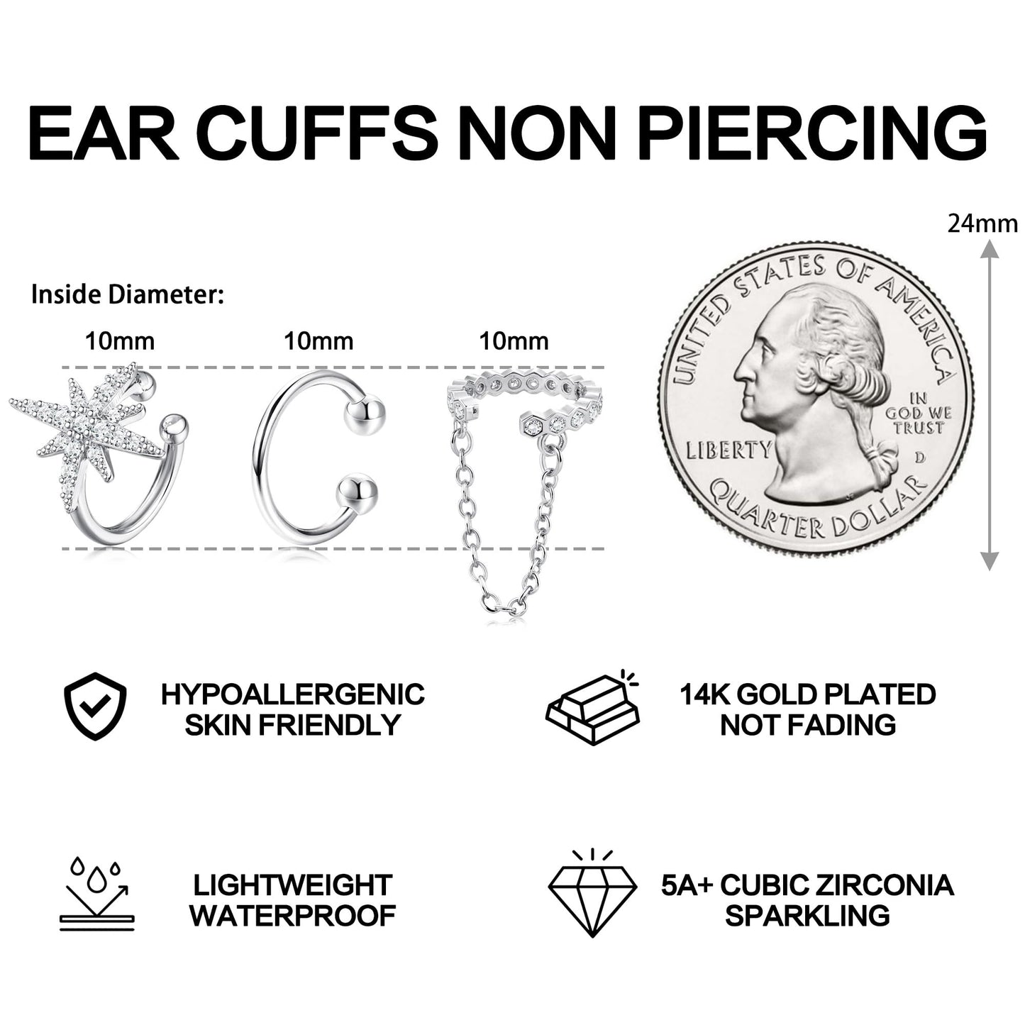 Dochais Ear Cuffs Non-Piercing Earrings for Women Cute Small Clip-On Cartilage Earring 14k Gold Plated Dainty Fake Piercings Earings Silver Style4