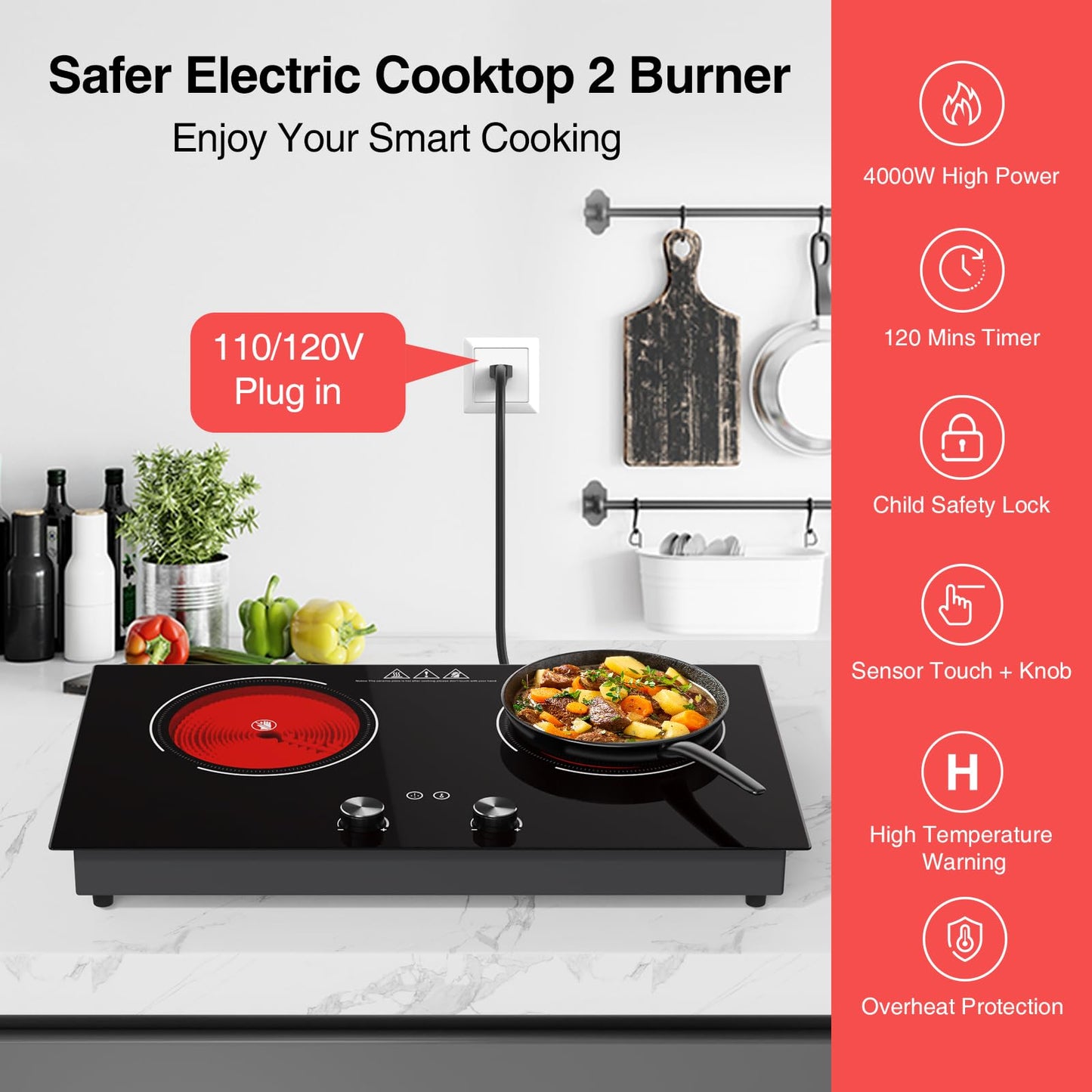 GTKZW 4000W Electric Cooktop: 24" Electric Stove 2 Burner Hot Plate Double Burner, Knob Control Countertop & Built-in, 9 Power Levels, Child Lock, Timer, Suitable for All Pans