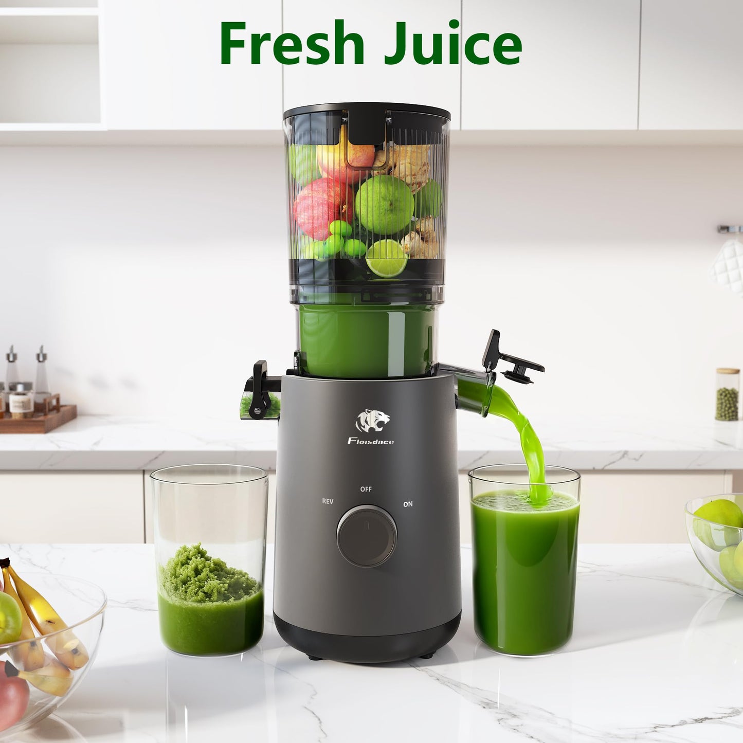 Juicer Machines, Cold Press Juicer with 5.3" Extra Large Feed Chute and Powerful AC Brushless Motor Fit Whole Fruits & Vegetable, High Juice Yield, BPA Free, Extra one Replace juicer strainer