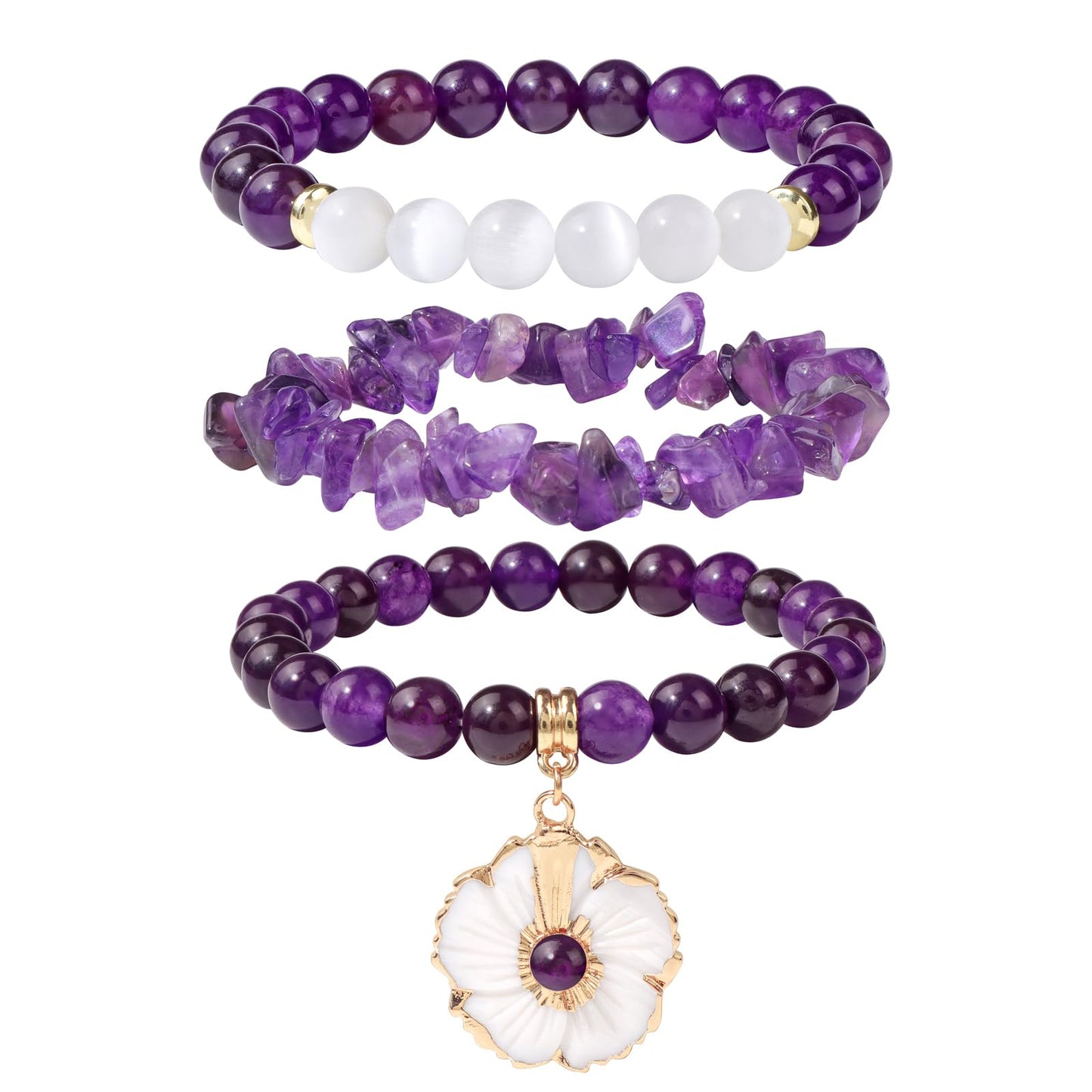Vinswet Healing Crystal Beaded Bracelets for Women,Natural Amethyst Gemstones Bracelet,Anxiety Stress Relief Heart Charm Bracelet Handmade purple Jewelry Gifts for Women (Amethyst&Flower)