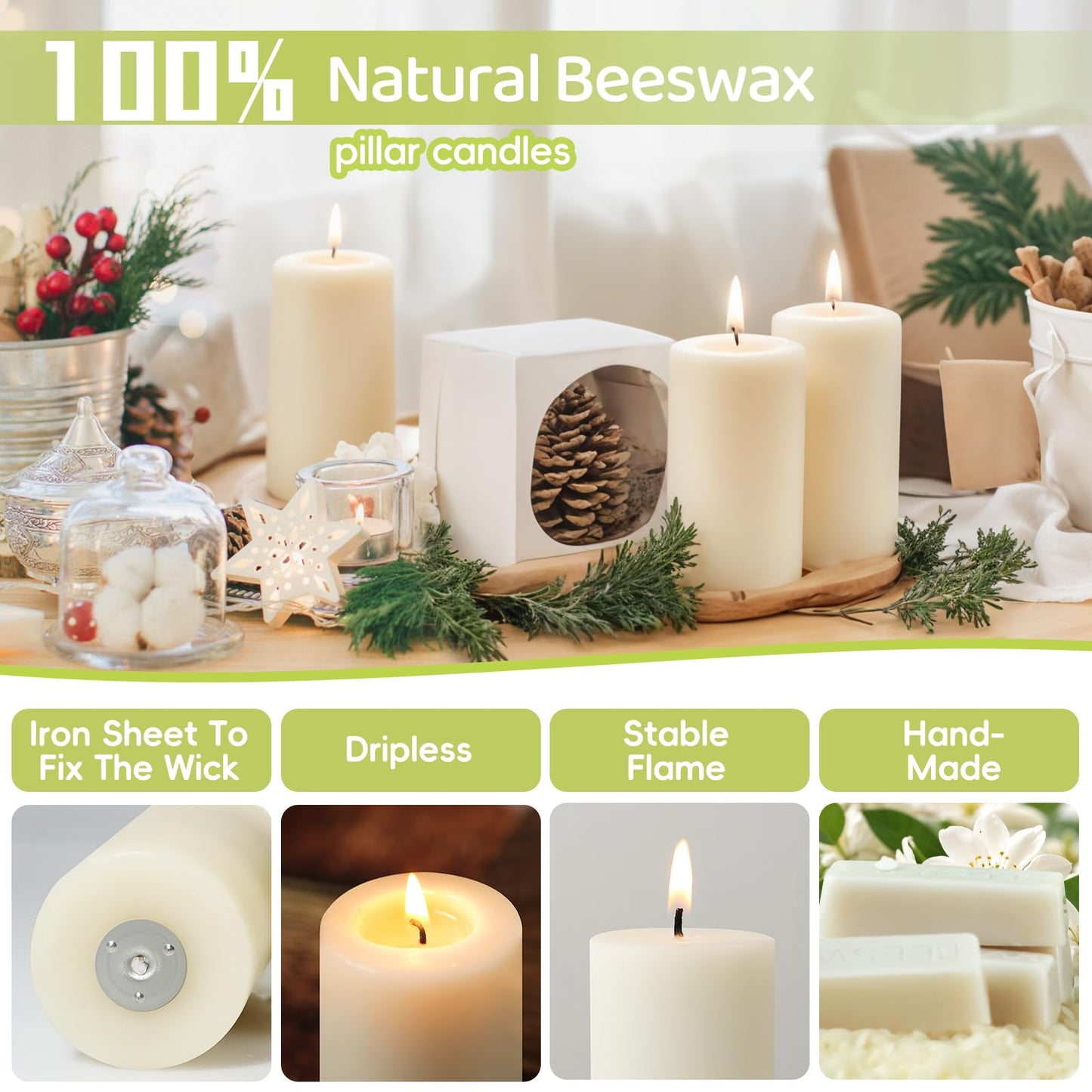 4 Pack Beeswax Pillar Candles,172 Hours Long Burning Pure Off-White Beeswax Candles,Unscented Bees Wax Candle for Home,Prayer,Dripless Smokeless Organic 100% Bees Wax Candle Bulk 2x4in