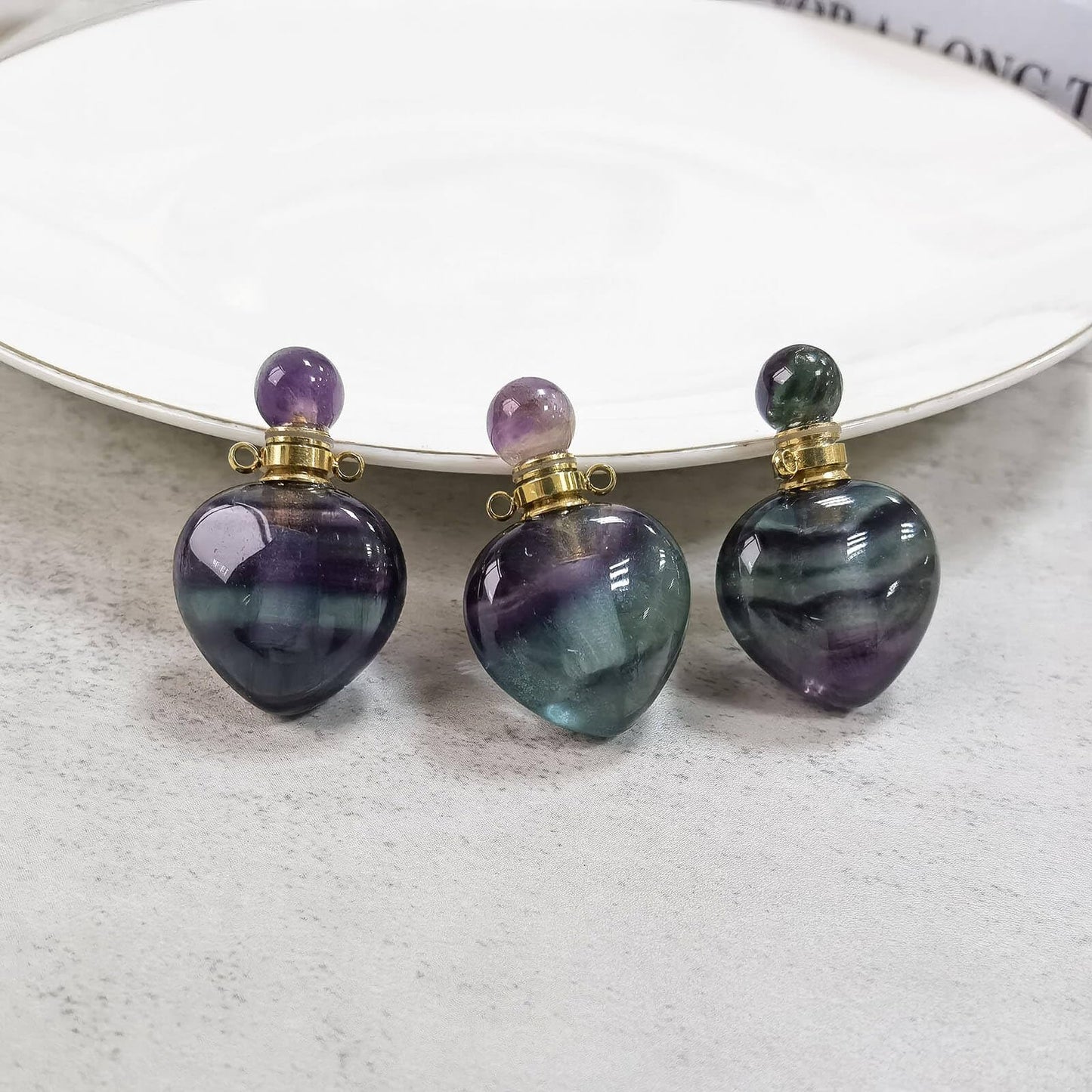 Ladywowu Perfume Bottle Necklace, Heart Shape Fluorite Crystal Necklace, Natural Gemstone necklaces for Women, Heaing Stone Vial Necklace Pendant for Liquid, Essential Oil