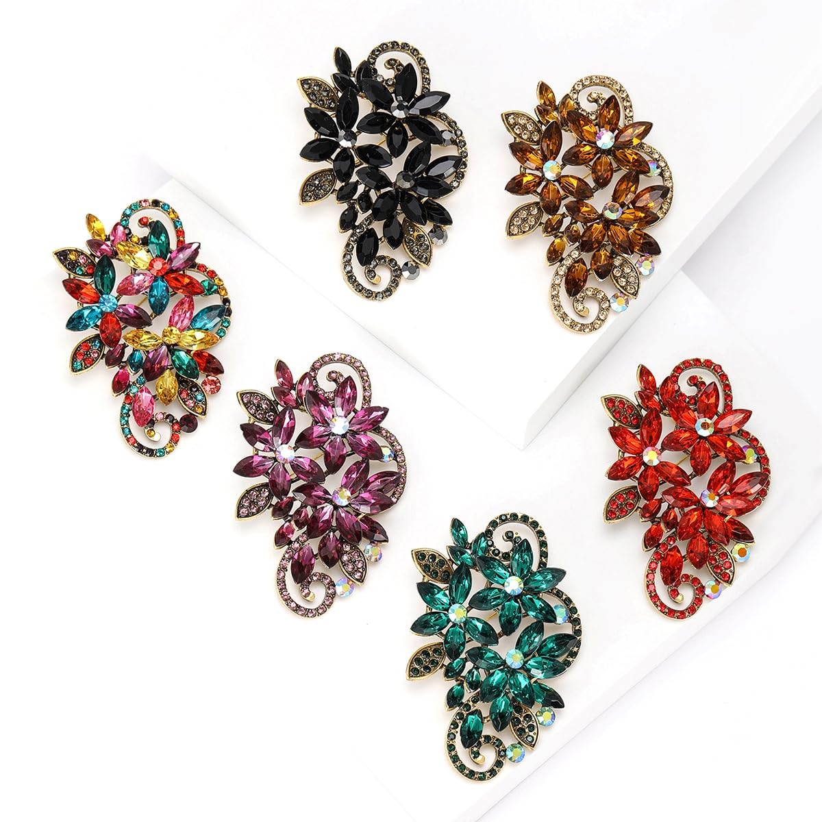 YOQUCOL Vintage Emerald Green Austrian Crystal Rhinestone Flower Shape Brooch Pin For Women