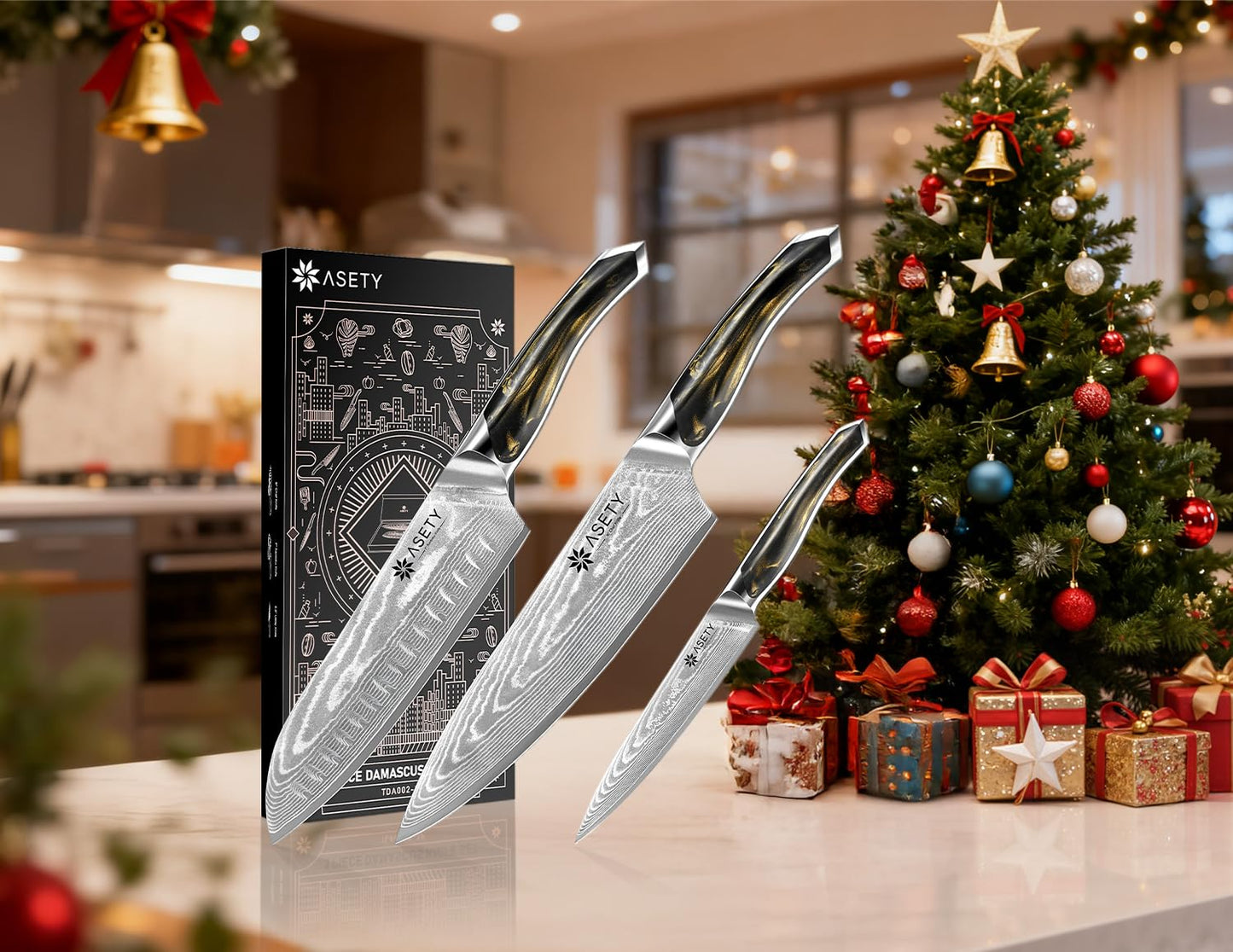 ASETY Damascus Knife Set 3 PCS: Ultra-Sharp Professional Chef Knife Set, Japanese Kitchen Knives with VG10 Steel Core, Full Tang Resin Handle, Elegant Box for Men Women, Mothers Day