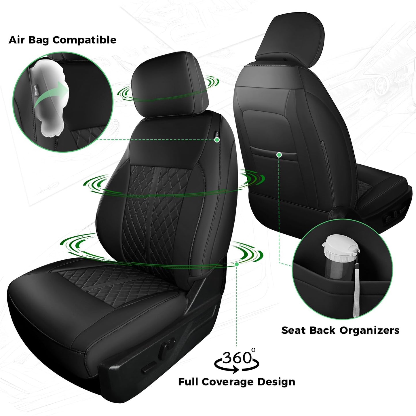 RIDEPOSH for Ford F150 Leather Seat Covers, SuperCrew XL XLT 2021-2025, F250 F350 F450 Super Duty Crew Cab 2023-2025, Custom Truck Seat Cover Full Set, Pickup Accessories, Black (Bucket Seat)