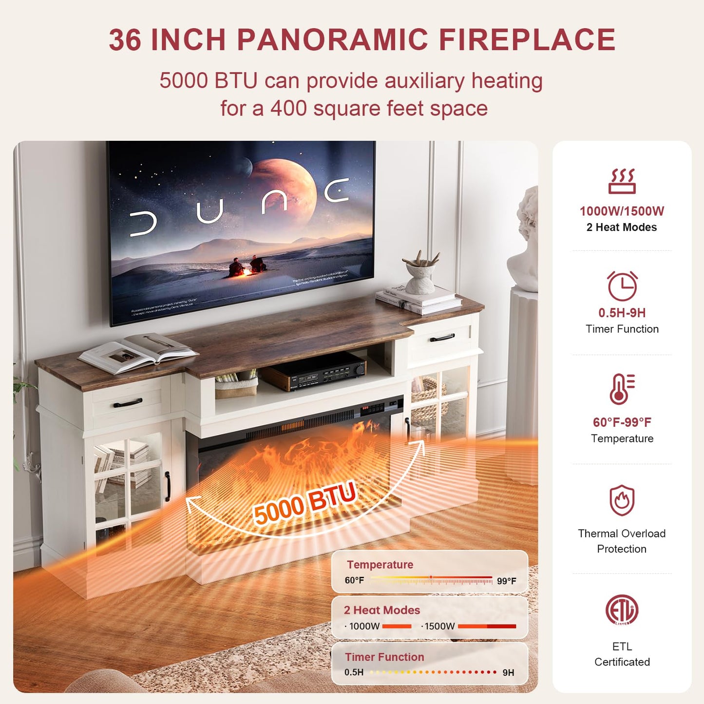 MXV 70" Fireplace TV Stand, 3-Sided Glass Fireplace and Modern Entertainment Center, Wooden Media Console with Glass Doors & Storage Drawers, LED Light, for Living Room, White
