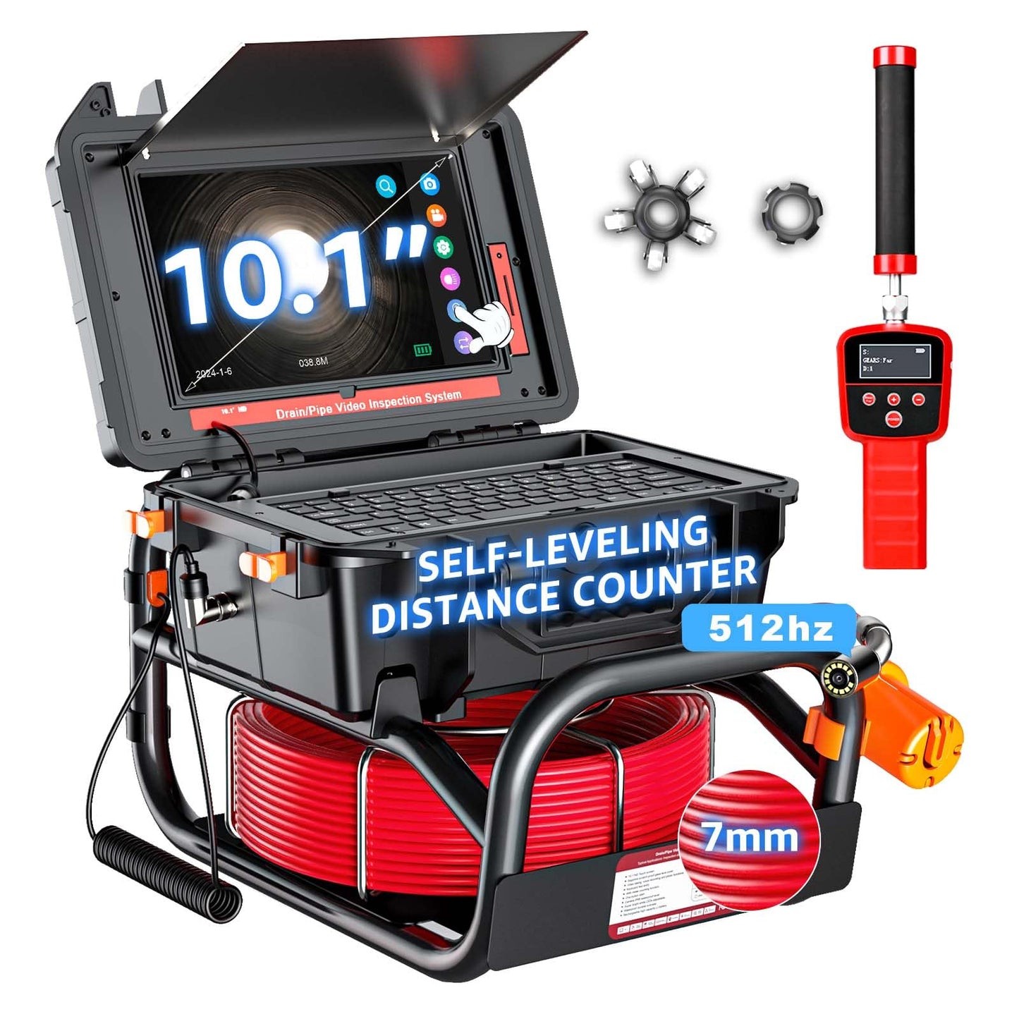 Oiiwak Sewer Camera with Locator, OK-S1 7mm Diameter Cable 10.1" Touch-Screen Sewer Inspection Camera with DVR for Drain Plumbing Pipe - 512 Hz Sending Set, Self-Leveling, Distance Counter, 165FT