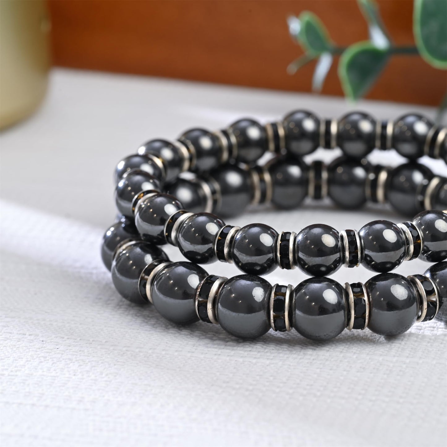 Apocalyptic-K Women's Magnetic Bracelet，Hematite Bracelets，Magnetic Bracelets With Zirconia,Handmade Stretch Bracelet，Eliminates static electricity. (Black Zirconia,8MM)