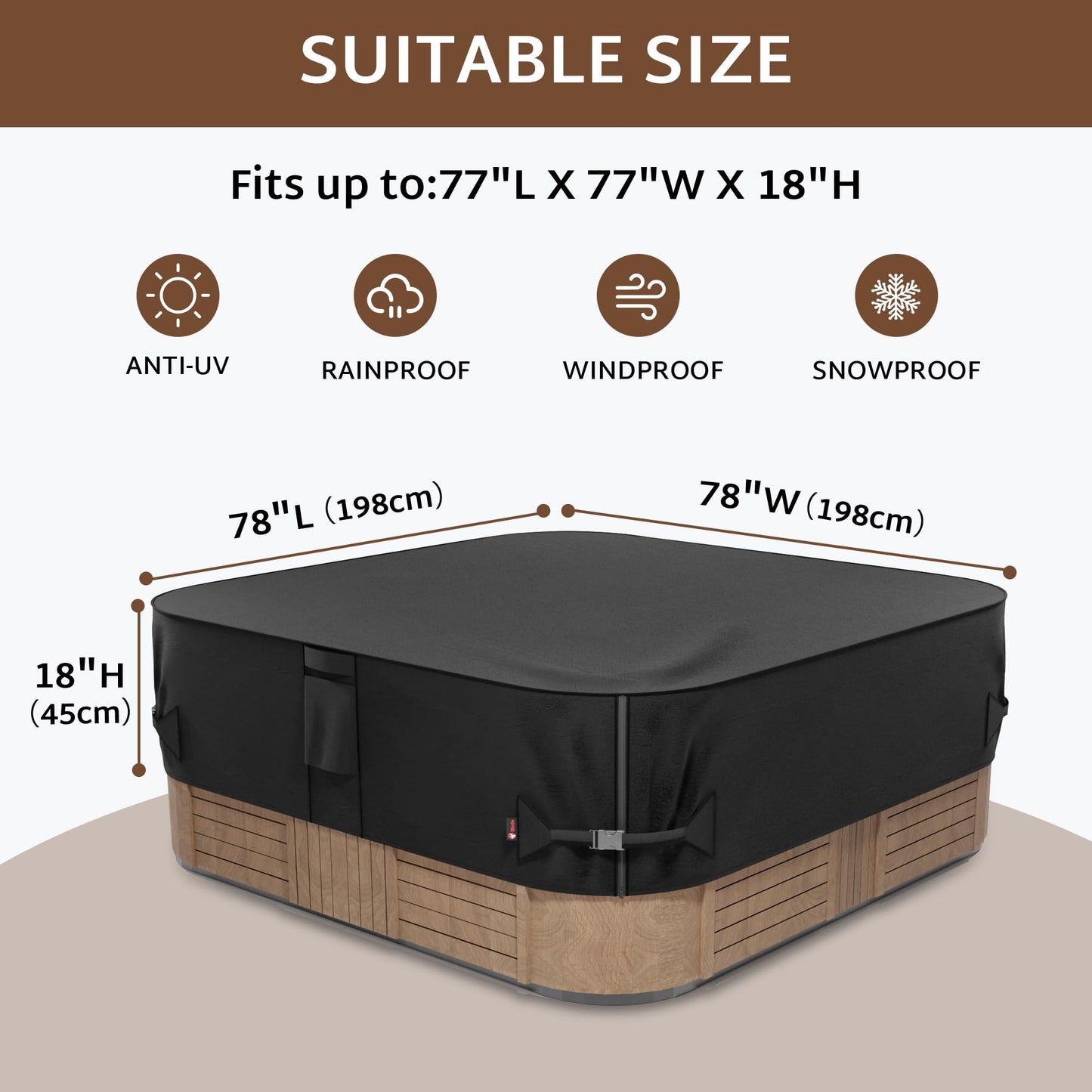 iBirdie Outdoor Waterproof Hot Tub Cover 78 x 78 inch fit 76 x 76 or 75 x 75 or 77 x 77 Square SPA 600D Heavy Duty Weatherproof Protectors Protective Cover Cap