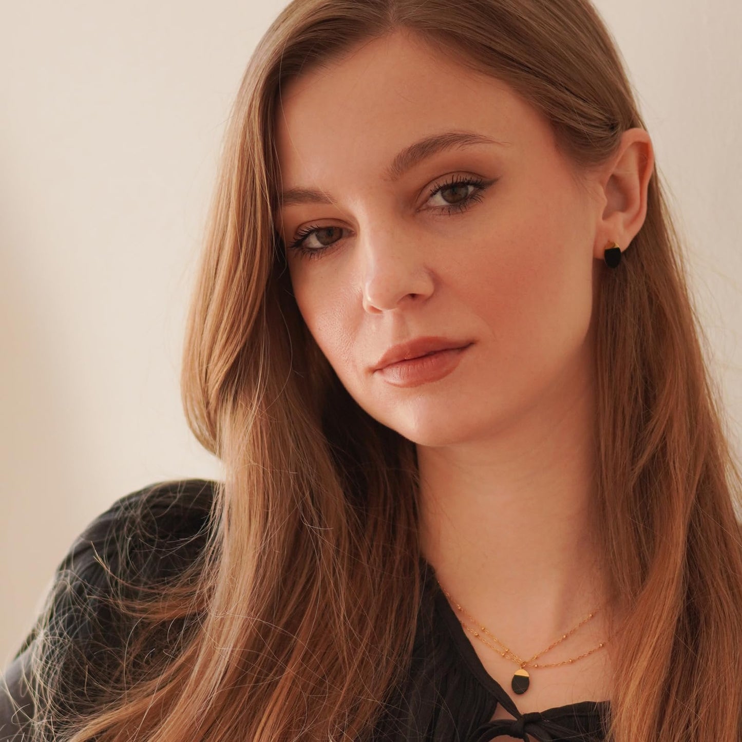 Milan Chiva 14K Gold Plated Black Agate Layered Stacked Necklace for Women, Dainty Trendy Non Tarnish Oval Pendant Charm Necklaces Fashion Jewelry for Women Waterproof MNS-1009BK