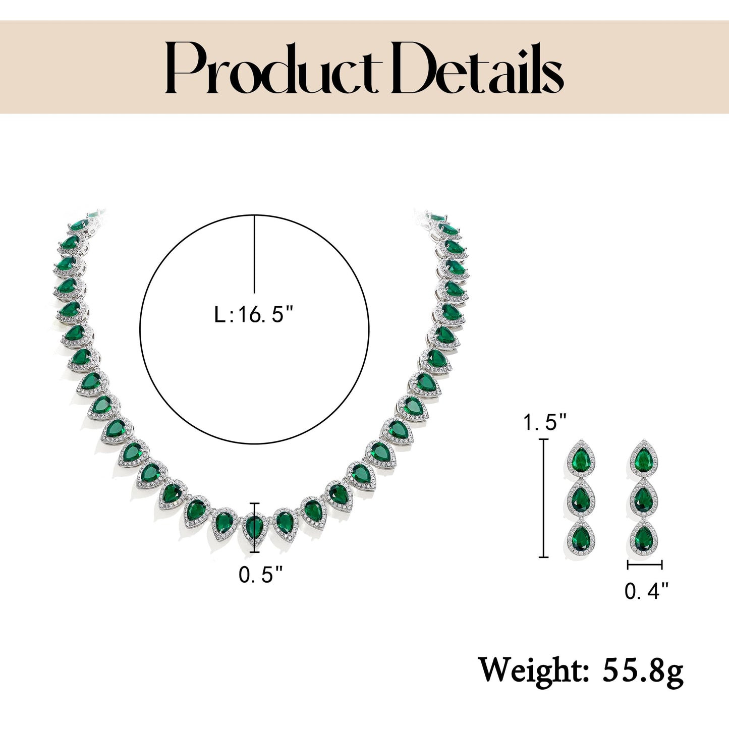 EleQueen Women's Wedding Bridal Full Prong Cubic Zirconia Teardrop Necklace Earrings Set for Brides Bridesmaids Emerald Color