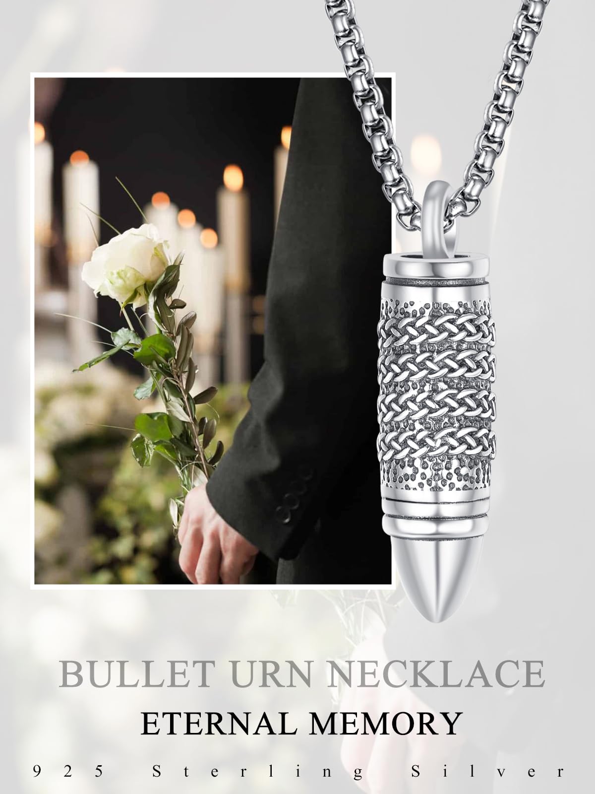 Bullet Urn Necklaces for Ashes Sterling Silver Bullet Necklace for Men Keepsake Pendant Cremation Jewelry for Ashes of Loved Ones Memorial Gifts