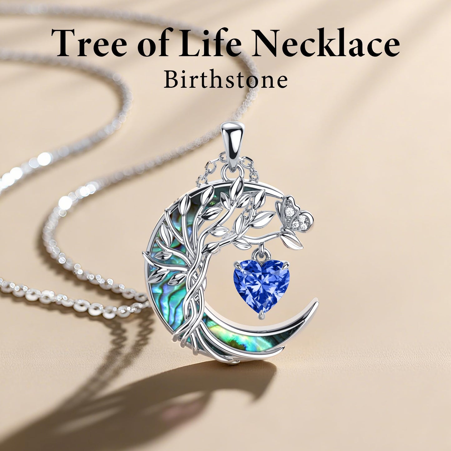 Distance Tree of Life Birthstone Necklace for Women, S925 Sterling Silver Premium Abalone Shell Moon Pendant December Heart Birthstone Necklace, Tanzanite Jewelry Christmas Birthday Gifts for Her Wife