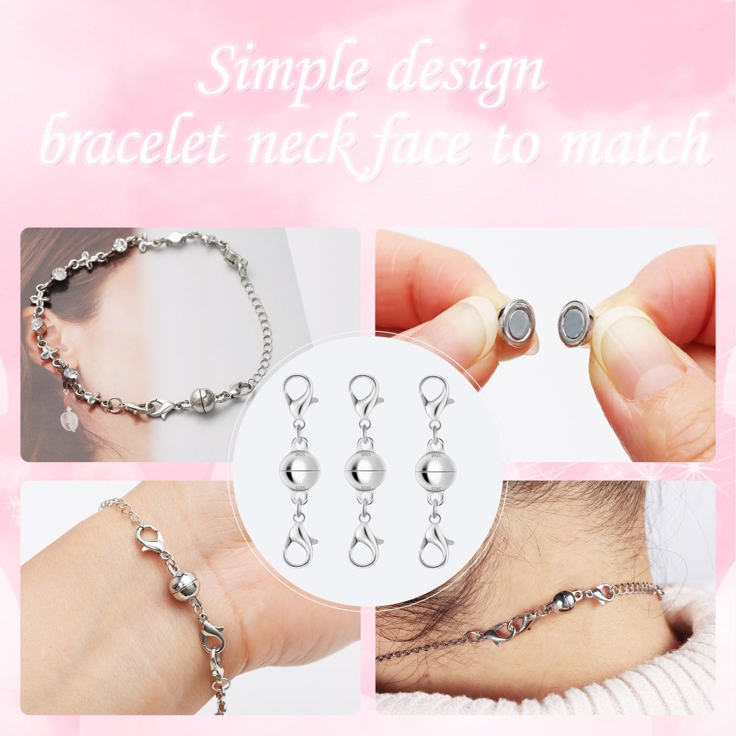 Magnetic Necklace Clasps, 18K Gold and Silver, Crystal Rhinestone Ball Connector with Lobster Clasp, Jewelry Extender for Necklaces, Bracelets (6pcs Golden Silvery)