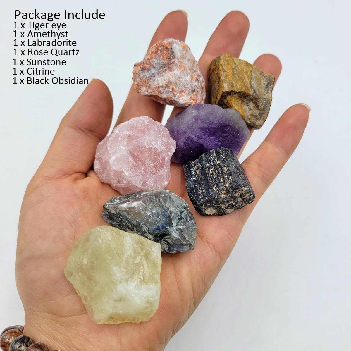 7Pcs Energy Crystals for Good Fortune Natural Raw Crystals Set of Black Tourmaline,Amethyst,Labradorite,Rose Quartz,Citrine,Sunstone,Tiger's Eye (Crystals for Good Fortune)