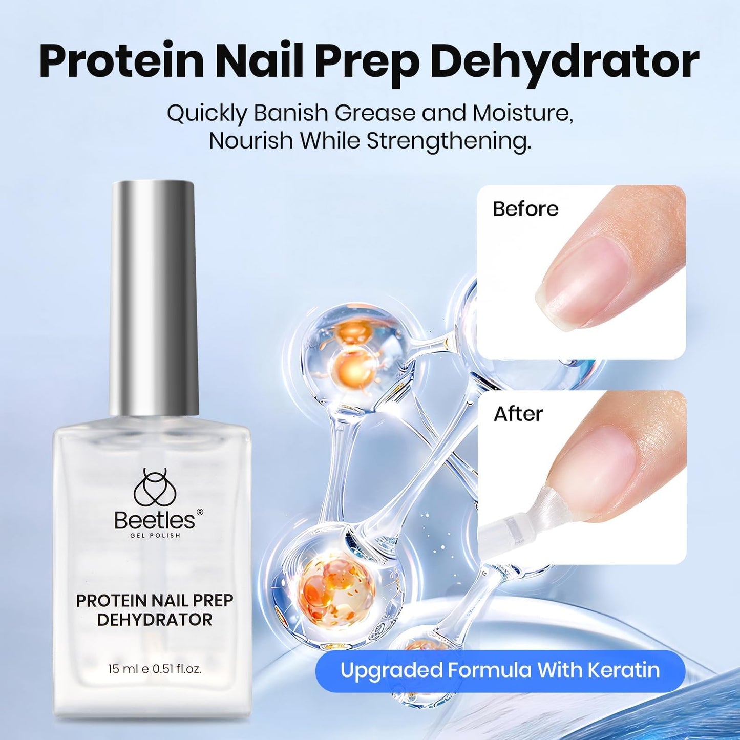 Beetles 3Pcs 15ml HEMA-Free Nail Prep & Glue Set, Professional Protein Nail Prep Acid-Free Dehydrate Bond Primer, TPO Free 9 in 1 Nail Glue Gel for Nail Tips Clear Press On Nails Nail Extension