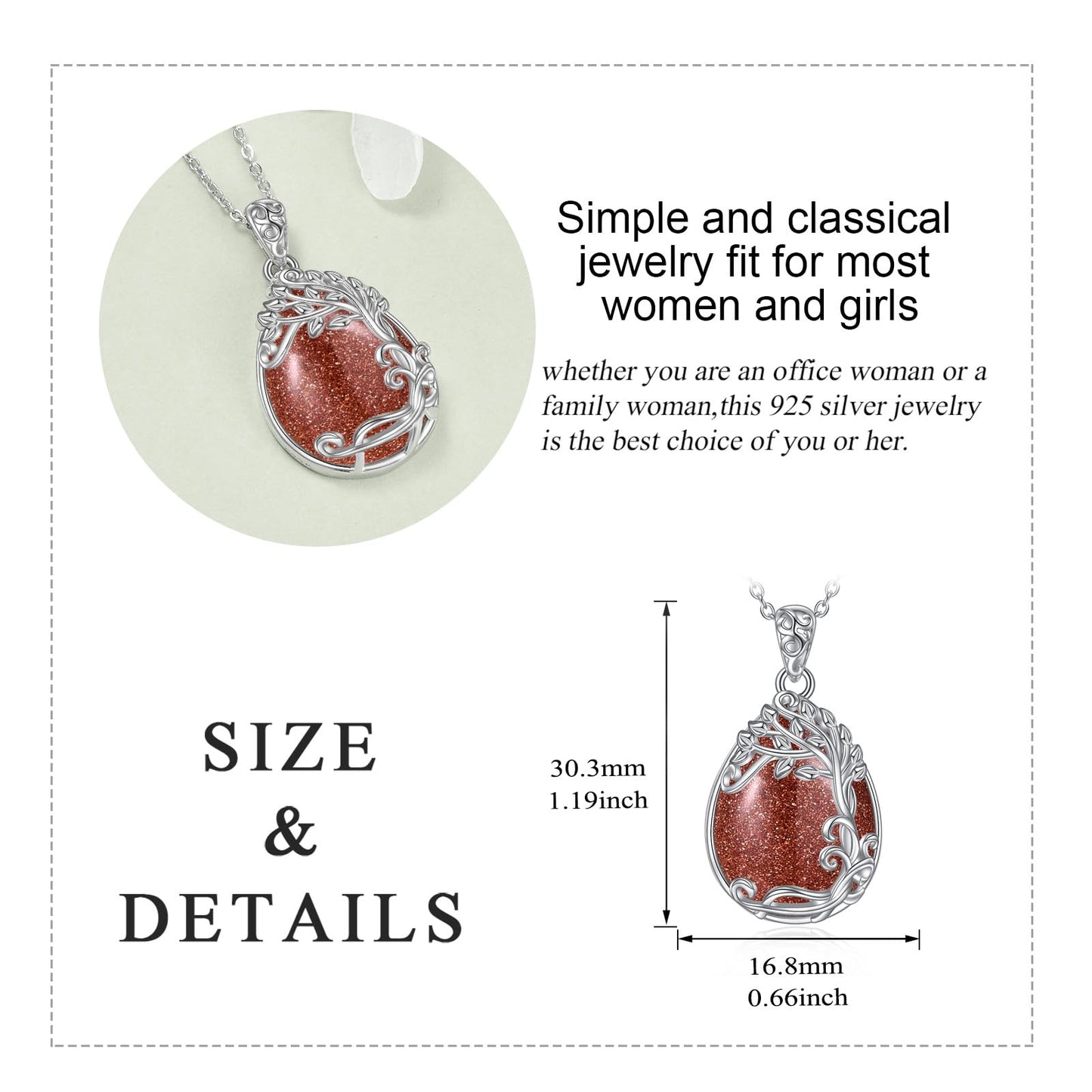 YAFEINI 925 Sterling Silver Gold Sand Stone Necklace Tree of Life Teardrop Pendant Necklace Jewelry for Women (JJ-Tree of Life Gold Sand Stone Necklace)