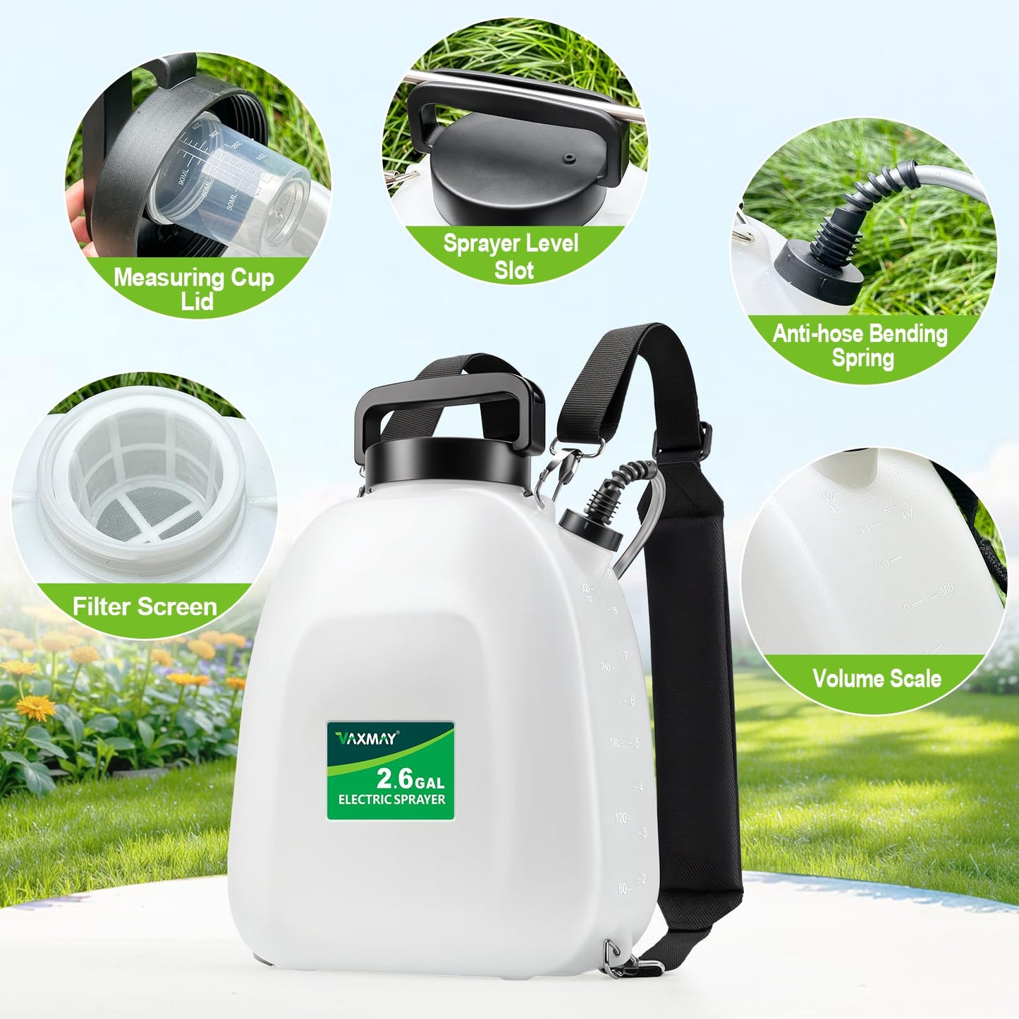 VAXMAY Battery Powered Sprayer 2.6 Gallon, Backpack Sprayer with 3 Adjustable Forces, Battery Indicator, 5 Mist Nozzles, 41" Retractable Wand, USB Rechargeable Garden Sprayer for Weed Lawn Yard