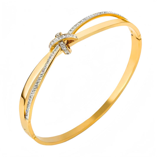 18K Gold Plated Bow Bangle Bracelet for Women Personalized Cubic Zirconia Stainless Steel Cross Bracelets Oval Butterfly Knot Bangles Bracelets Gifts for Love, Small
