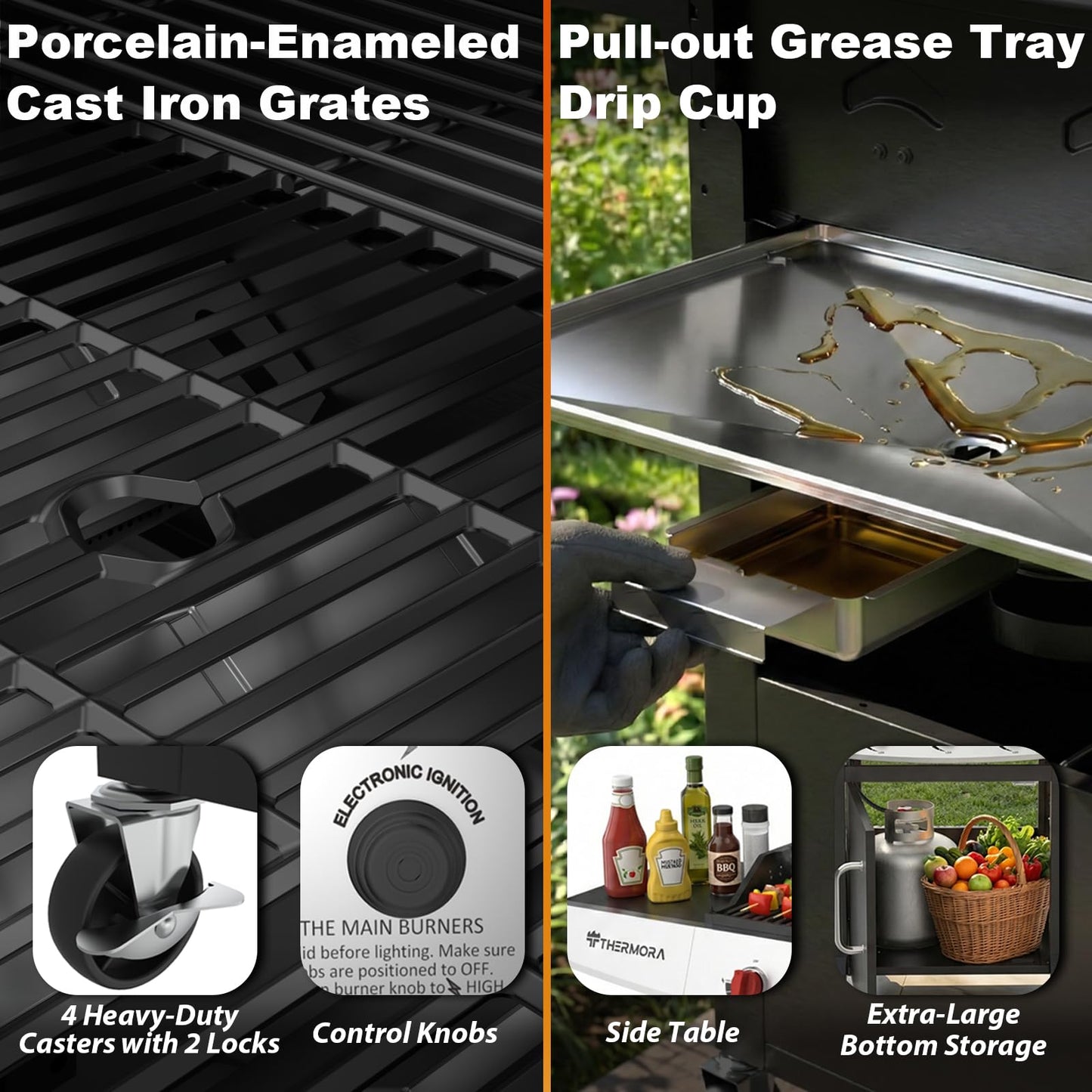 THERMORA 4 Burners Propane Gas Grill 62,000 BTU with Side Burner 645 sq.in, Porcelain-Enameled Grates BBQ Grills, Stainless Steel Propane Grill for Outdoor Cooking Barbecues Patio Garden Family Party