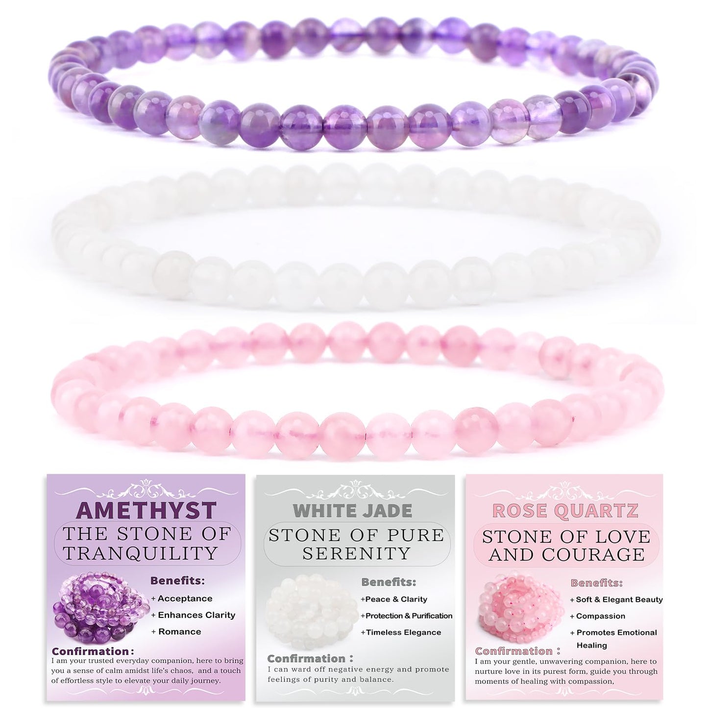 NCB 3-Piece 4mm Natural Crystal Gemstone Stretch Bracelets – ﻿Amethyst, Pink Quartz, White Jade Handmade Reiki Energy Healing Jewelry for Meditation,Yoga, Unisex
