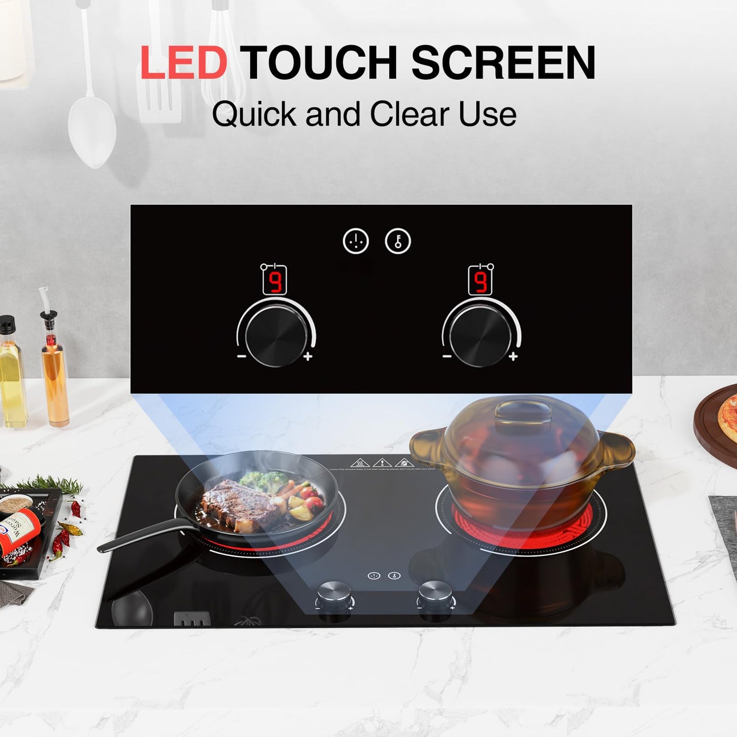 GTKZW 4000W Electric Cooktop: 24" Electric Stove 2 Burner Hot Plate Double Burner, Knob Control Countertop & Built-in, 9 Power Levels, Child Lock, Timer, Suitable for All Pans