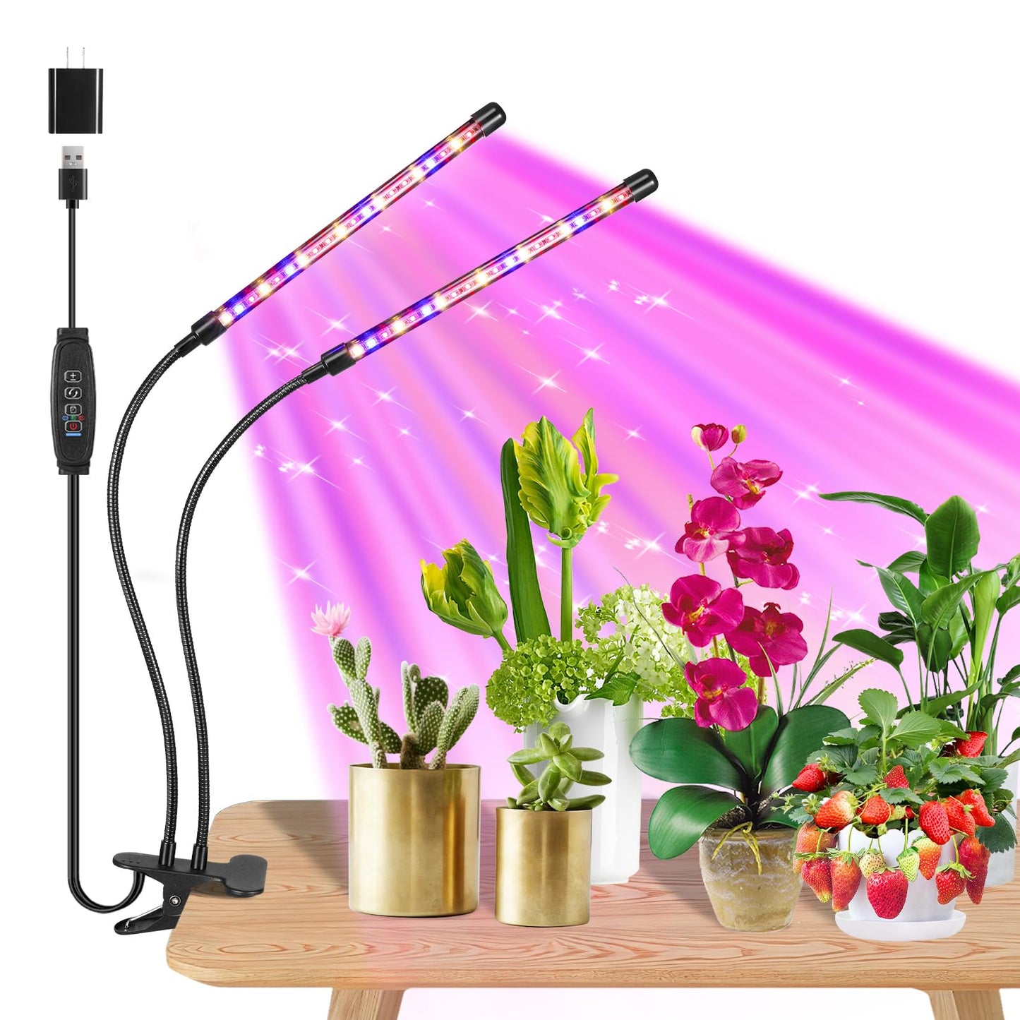Black 2-Tube Clip-On Grow Light with Red/Blue/Yellow LEDs, Full Spectrum, 6/12/16H Timer, 3 Modes & 10 Dimmable Levels, for Indoor Plants (8W) (1 Pack)