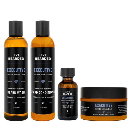 Live Bearded Complete Beard Grooming Kit - Wash, Conditioner, Butter and Oil - Made in the USA with All-Natural Ingredients - Mens Groom Set | Executive Scent - Cedar, Vanilla