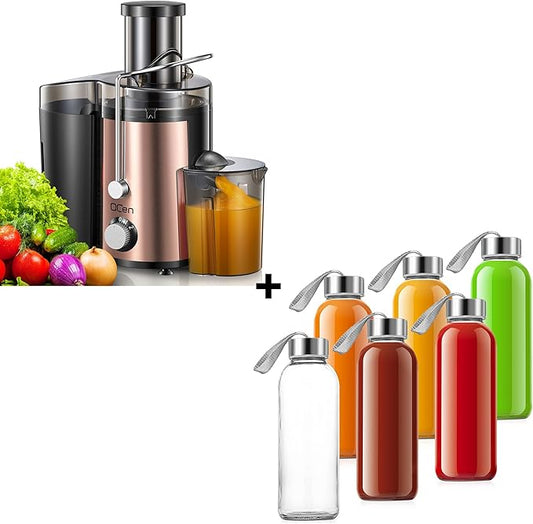 QCen 800W Juicer Machine Rose Gold and 6PCS Glass Bottle Bundle