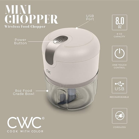 COOK WITH COLOR Wireless Food Chopper - Effortlessly Chop, Great for Garlic, Ginger, Herbs, Chili, Minced Meat, Onions, 8 Oz, Creme
