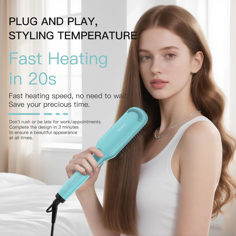 Azeus Ionic Hair Straightener Brush, Adjustable 30s Fast MCH Ceramic Heating Hair Straightening Brush with Anti Scald Feature, Frizz-Free Shine & Hair Repair (Turquoise Blue)