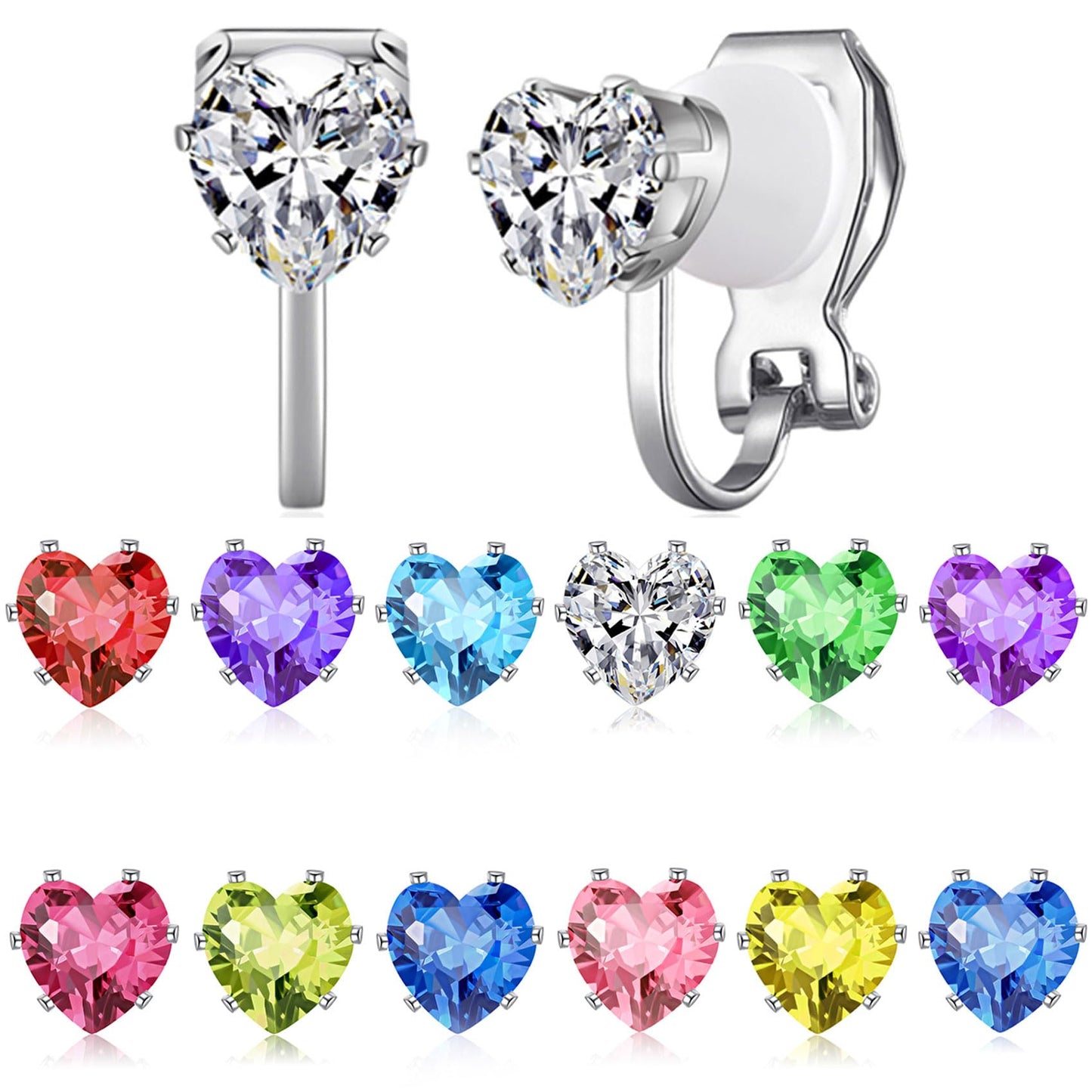 Spiritlele 12 Pairs Birthstone CZ Clip on Stud Earrings Set Heart Cubic Zirconia Clip on Non Piercing Fake Stud Earrings Birthday Gifts Unisex (Love)