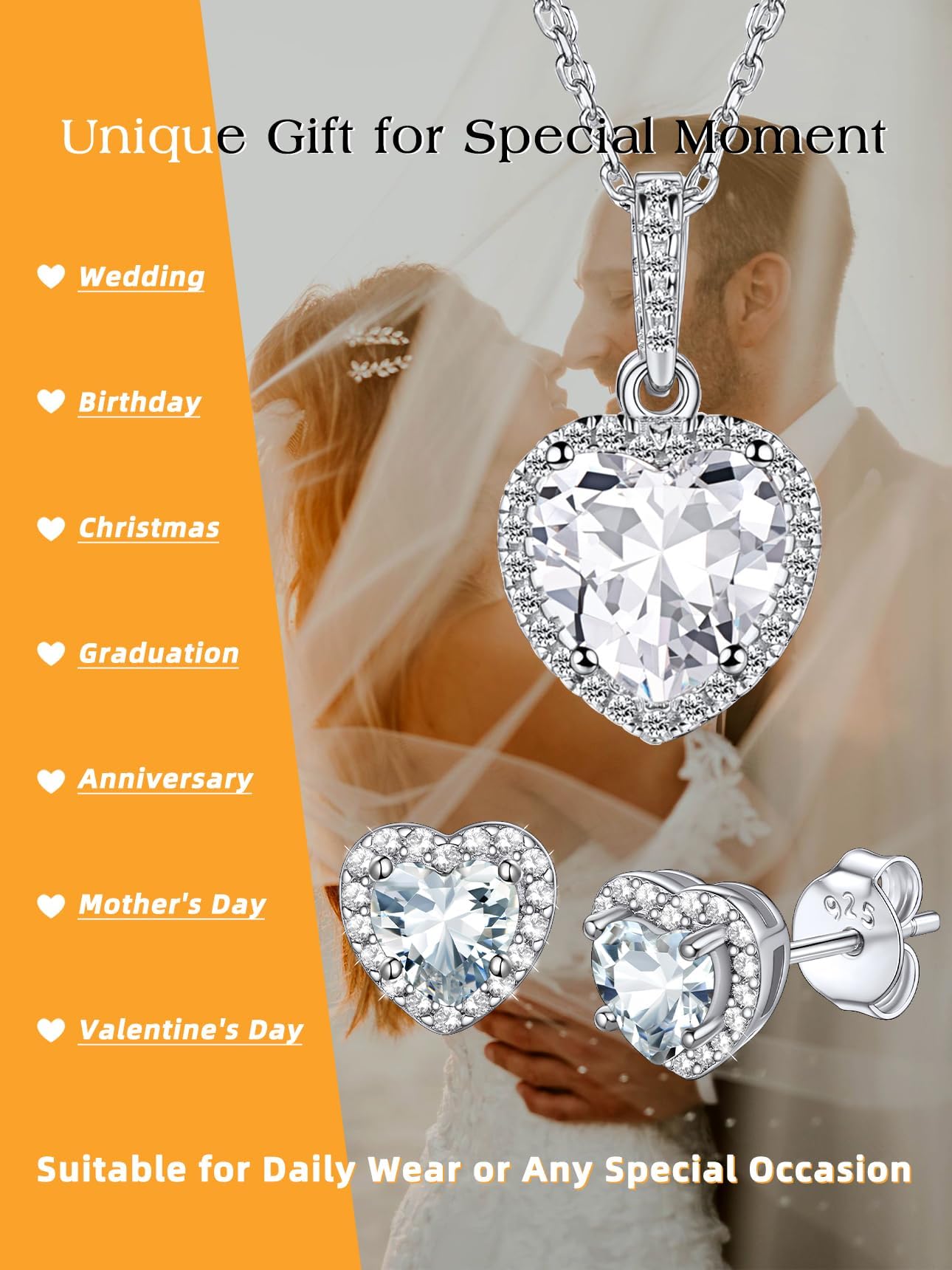 Bestyle 925 Sterling Silver Heart Cut Birthstone Stud Earrings for Women, April White Diamond Stud Earrings with Love and Purity, Best Women Earrings for Everyday Wear