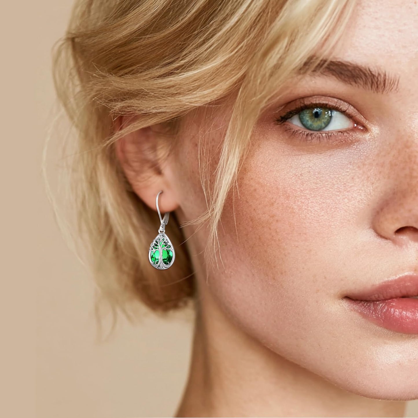 Eusense Tree of Life Earrings 925 Sterling Silver Dangle with May Birthstone Emerald Earring for Women Teardrop Leverback Sterling Silver Birthstone Jewelry Gift