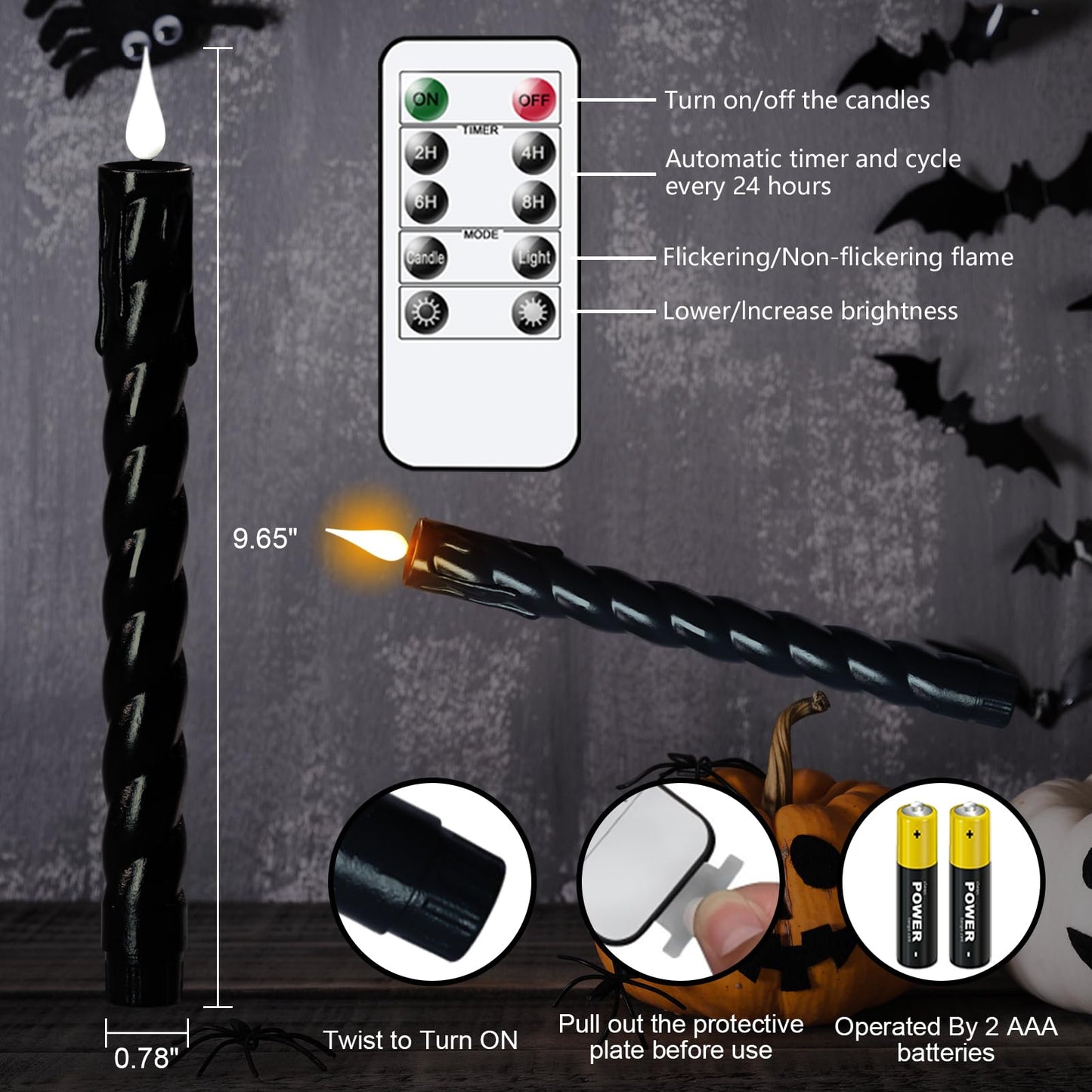 DRomance Flickering Flameless Taper Candles with Remote and Timer, 2 Pack Battery Operated LED Taper Candles 3D Wick Plastic Dripping Effect Dinner Halloween Indoor Decor(Black, 0.78" D x 9.65"" H)"