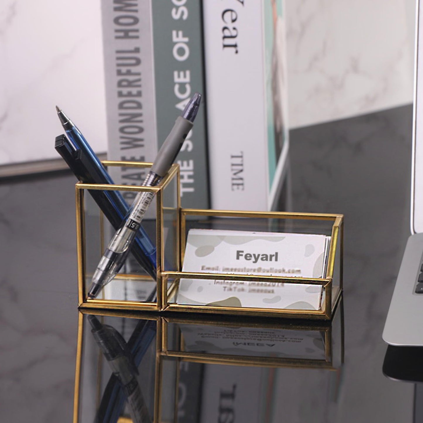 Feyarl Gold Glass Business Card Holder Pen Pencil Holder Desktop Business Name Card Office Accessory Display Stand Organizer Case for Office Desktop Meeting Countertop