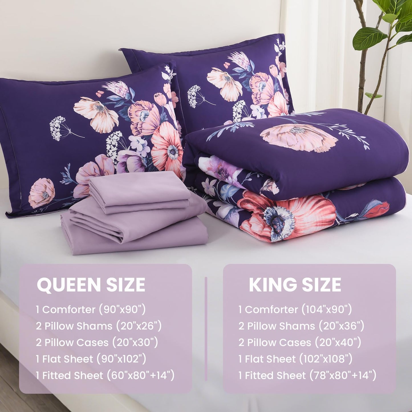 LLDSYW Queen Comforter Set - 7 Pieces Bed in a Bag Dark Purple Floral Queen Comforter Set with Sheets, Soft Microfiber Flower Complete Bedding Set for All Seasons（Dark Purple,90"x90"）