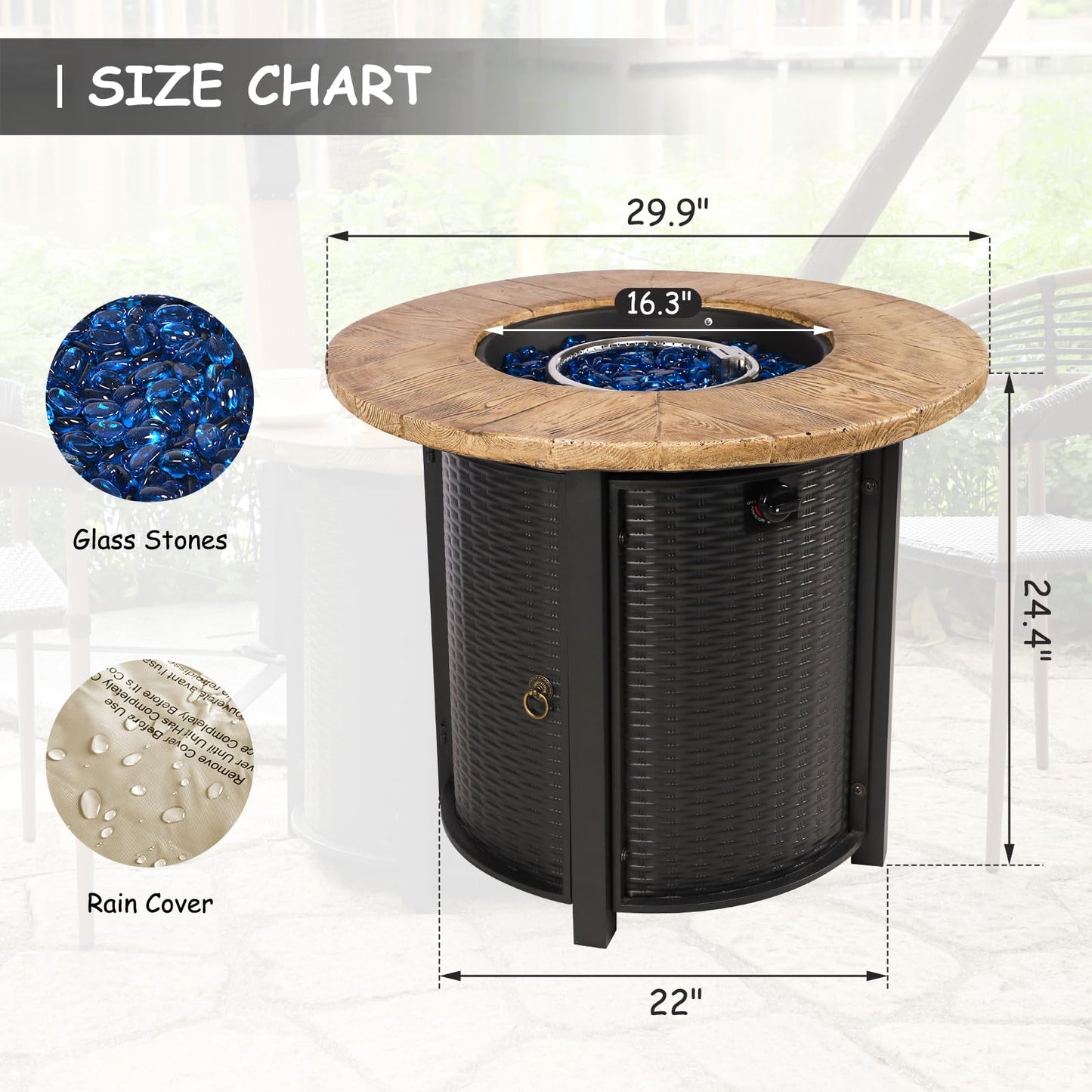 lovamsal 30 Inch Round Propane Fire Pit,50,000 BTU Iron Gas Firepit with Ignition Systems,w/Lid,Glass Stones,Outdoor Fire Table for Outside Patio,Deck-Black