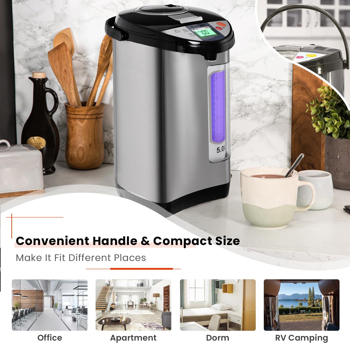 KOTEK Electric Hot Water Boiler and Warmer, Hot Water Dispenser, Stainless Steel Water Boiler w/5 Stage Temperature Settings, Safety Lock, Electric Hot Water Pot, 5-Liter
