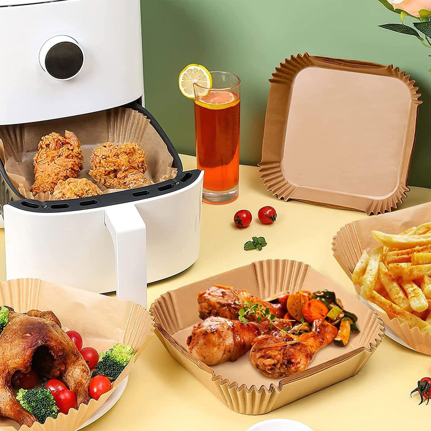 Air Fryer Disposable Paper Liner Square 9 Inch, 100PCS Large Paper Liners for 6-10QT Air fryer, Non-stick Parchment Paper for Frying, Steamer, Baking, Microwave Etc